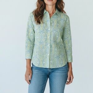 J McLaughlin Womens Blue Yellow Button Down Medallion Blouse Top Cotton Silk XS